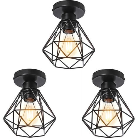 AMXCNOY Plafonnier industriel vintage E27 avec abat-jour diamant Ø16 cm, luminaire de suspension pour plafond, noir, idéal pour chambre et couloir — lot de 3 (1/5)