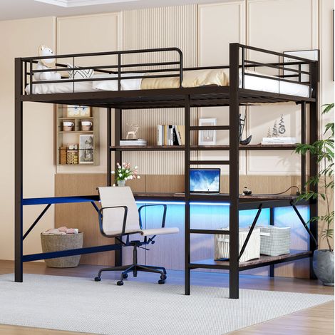 Bett Hochbett modern 140x200 cm Metall Schwarz mit Schreibtisch, Regal, Leiter, Geländer, LED, USB und Steckdose (1/5)