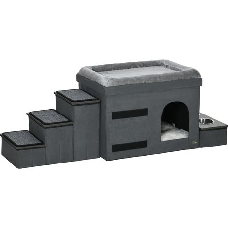 Maison pour chat, niche pour chat, grotte pour chat, 3 escaliers pour animaux, 2 gamelles, 70 x 50 x 51 cm, gris (1/5)