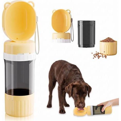 2-in-1 Hunde-Trinkflasche und -Napf – 400 ml Wasser – 180 ml Futter – Gelb – Inklusive Schultergurt – Auslaufsicher (1/5)