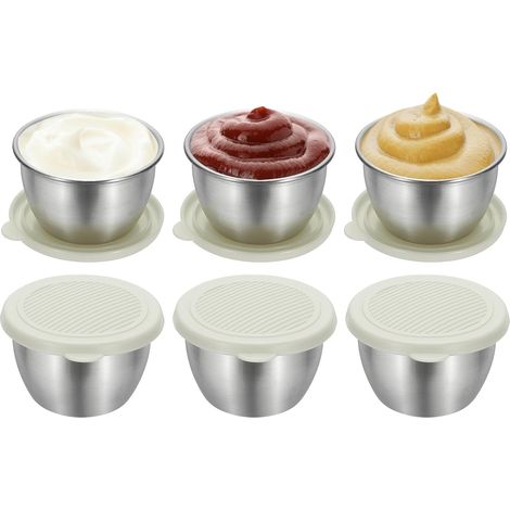 6 recipientes de acero inoxidable para aderezos de ensalada (80 ml) con tapas de silicona, a prueba de fugas, ideales para picnics.