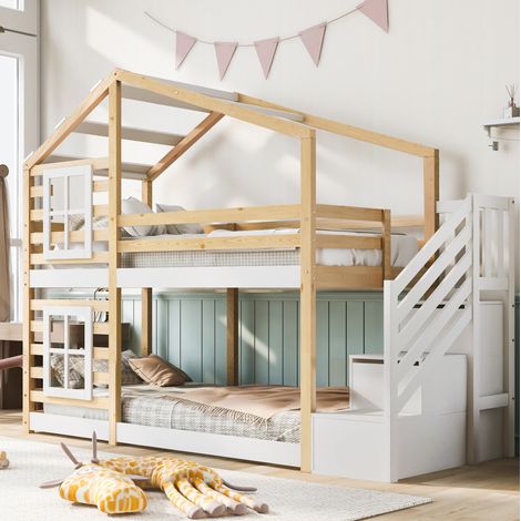 Letto a castello per bambini in legno massello e MDF naturale e bianco 90x200 cm con scala contenitore (1/5)