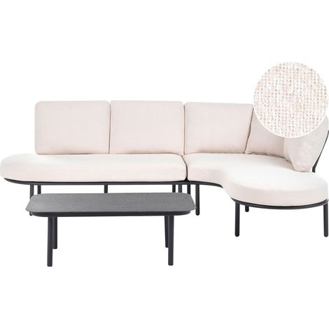 Ensemble de Jardin Moderne Structure en Aluminium Canapé 4 Places Table Basse Plateau Ovale en Métal Coussins Noir et Beige Clair Pollina (1/5)