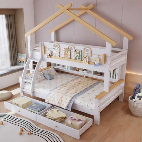 Cama litera infantil (215.5x126x218 cm), dos cajones con ruedas, escalera inclinada, pino y MDF, blanco y natural (1/5)