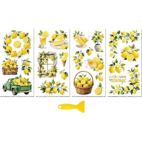 Autocollants à appliquer par frottement pour meubles et décoration artisanale, 15 x 30 cm, citron, lot de 4, imperméables, résistants aux UV, transfert DTF pour tiroirs, commodes, verre, porcelaine, b (1/5)