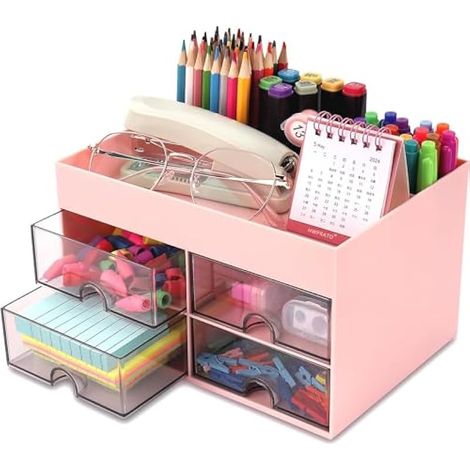 Range-bureau 4 tiroirs, 19x14cm, organiseur multifonction grand capacité, porte-stylos, rangement maquillage, cadeau enseignant, décoration bureau/école/maison (Rose) (1/5)