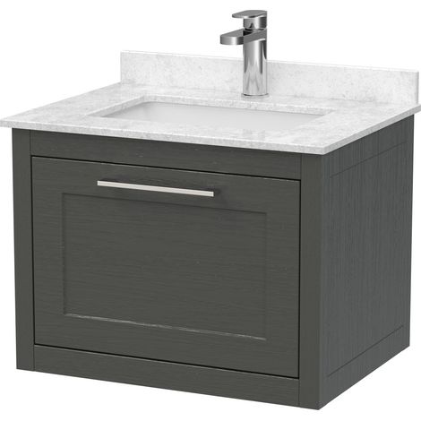 Blithbury Traditional Bathroom Wall Hung 1 Drawer Vanity Unit and 1 Tap Hole Marble Top Basin, 600mm, Woodgrain Dark Grey (1/2)