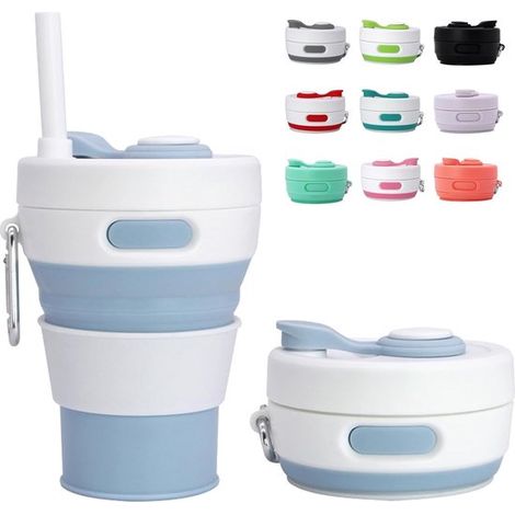 450 ml faltbarer Silikonbecher hellblau mit Strohhalmdeckel BPA-frei wiederverwendbar tragbar ideal für Outdoor-Aktivitäten wie Camping Picknick