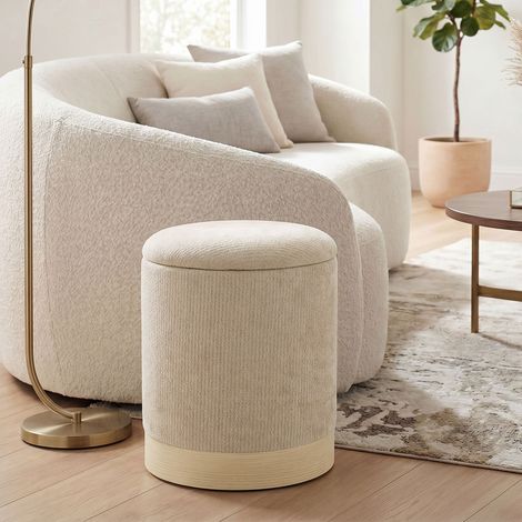 Pouf coffre rangement tabouret rond chenille base métal effet bois beige. Tabouret pouf design avec rangement intégré, élégant et fonctionnel. (1/5)