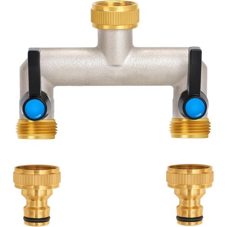 Distributeur d'eau pour robinet 2 voies, poignée allongée, 3/4" en laiton avec robinet d'arrêt individuel, 2 adaptateurs 3/4" 1/2" pour appareils/tuyaux d'arrosage (1/5)