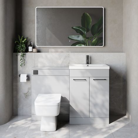 Napoli 390 Cento Gloss Grey Pearl 1200mm 2 Door Vanity Unit Toilet Suite with Glide Basin - 1200mm - Matt Black 160mm HandleWith Kingston Toilet Pan and Seat