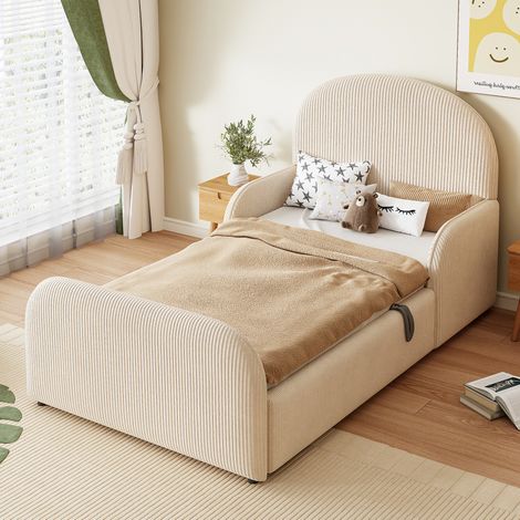 Letto imbottito per bambini 90x200 cm con contenitore idraulico, velluto beige, testiera alta e sponde laterali (1/5)