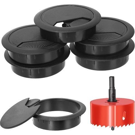 Set mit 6 schwarzen Kabeldurchführungen für Schreibtische inklusive Lochsäge, praktische Kabelorganisatoren, Kabeldurchführungen für Schreibtische, 1 x 60-mm-Lochsäge mit Aufnahme für Schreibtische (1/5)