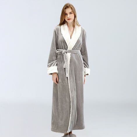 Robe De Bain En Molleton - 100 % Polyester - Longue Avec Poches Et Ceinture - Pour Femme Et Homme - Gris - 1 Pièce (1/5)
