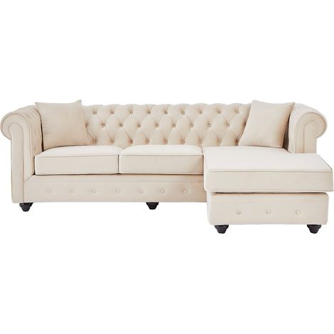 Canapé d'angle chesterfield réversible en velours beige TOLEDO (1/4)