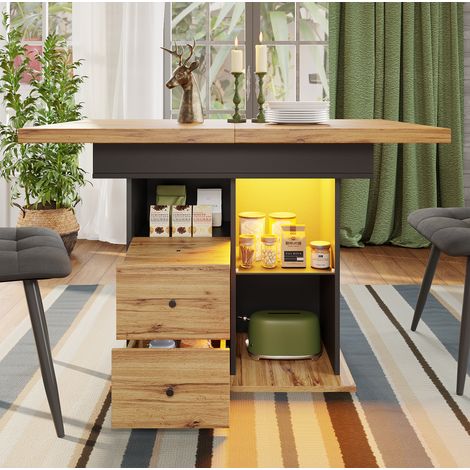 Mesa de comedor extensible 110-140x80x75 cm negro y natural en MDF con LED inteligente y almacenamiento (1/5)