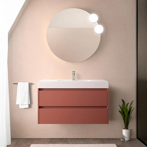 Mobile bagno sospeso 90 cm rosso satinato con due cassetti e lavabo in resina Gaya (1/5)