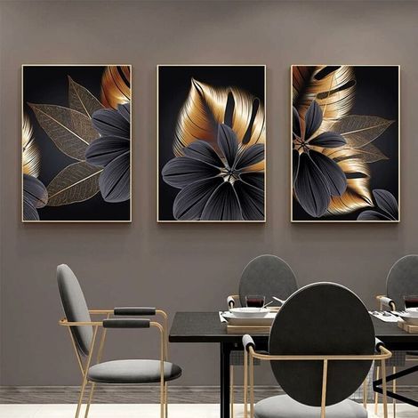 Lot de 3 affiches sur toile - Motif : feuille de plantes - Noir - Impression moderne - Décoration murale - Peinture murale (30x40cm) (1/5)