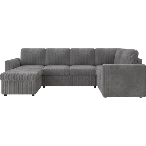 CAIziCanapé moderne au style contemporain, canapé d’angle en L en velours côtelé avec accoudoirs, 1 tabouret multifonction mobile, montage facile, mousse haute densité, gris (B282 × H85 × T153 cm). (1/5)