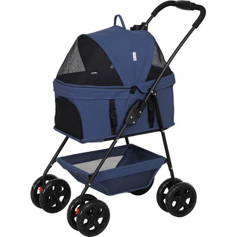 Passeggino per Cani 3 en 1 Pieghevole con Borsa Trasportino e Cestino, Blu