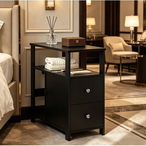 Table d’appoint 60x60x30 cm noire en bois avec prises USB et AC, 2 tiroirs, rangements ouverts, compacte (1/5)