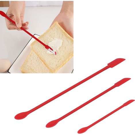 Ensemble de trois pièces rouge comprenant : mini spatule pointue en silicone, spatule allongée pour flacons de maquillage, spatule à confiture/beurre, cuillère double, couteau à gâteau. (1/5)