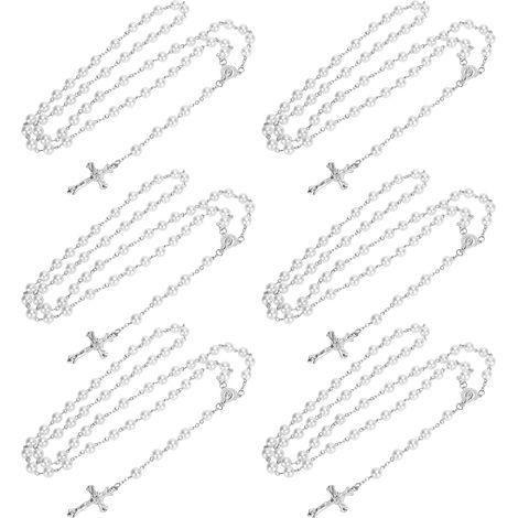 6Pcs Crucifix Necklace Jesus Cross Christian Rosary Bead Chain HandMade Religious Jewelry(White ) (1/5)
