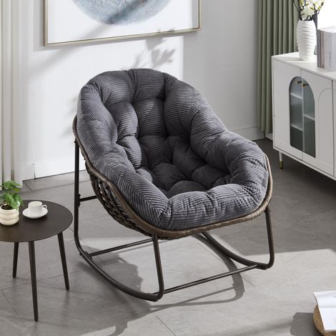 Fauteuil à Bascule Rotin, Fauteuil de détente avec Coussins Confortables - Cadre métallique - Rocking Chair pour Jardin, Terrasse et Salon, Gris foncé