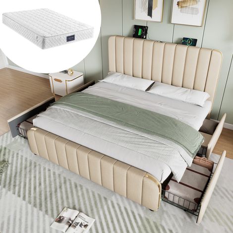 Lit coffre 140x200 avec 4 tiroirs et USB, beige HAVRYA (1/5)