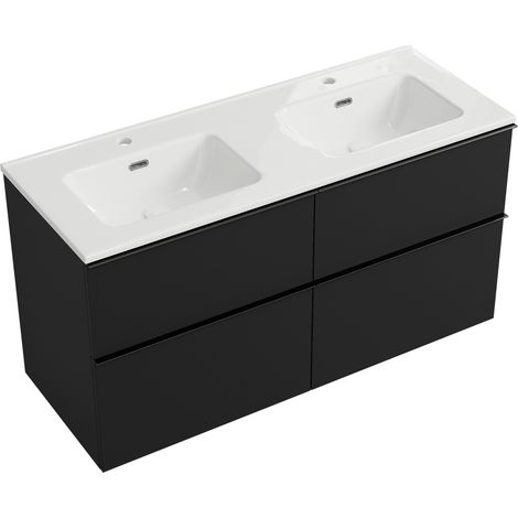 BERNSTEIN - Mobile lavabo doppio sospeso MDF nero opaco, vasche + fori rubinetto bianco lucido, maniglia antracite opaco - 121x64x47cm - LAVOA	Bianco lucido, Nero opaco, Antracite opaco