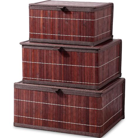 Lot de 3 boîtes de rangement décoratives en bambou avec couvercles - Paniers de rangement en osier marron rétro avec couvercle pour la maison, la cuisine, l'organisation d'étagères (1/5)