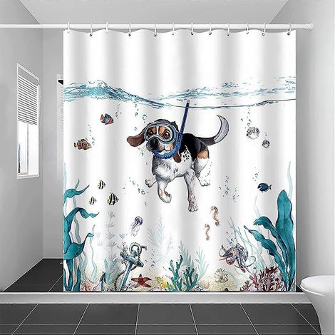 Rideau de douche mignon avec un chien plongeur, 180 x 180 cm, imprimé animaux marins, imperméable et lavable, en polyester, accessoire de salle de bain avec 12 crochets, bleu (1/5)