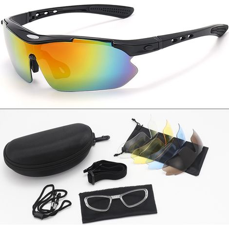 Gafas de ciclismo, resistentes al viento y al polvo, aptas para hombres y mujeres, montura negra brillante, versión de policarbonato, 5 pares de lentes.