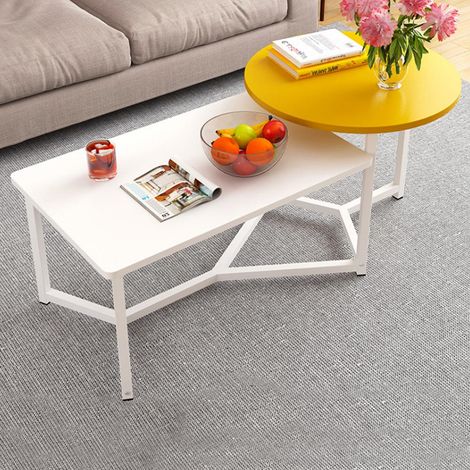 Tavolino Basso da Caffè 2 Ripiani Design Luxury Tavolo Salotto Bianco e Giallo (1/5)