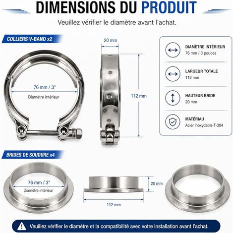 Kit Colliers de Serrage V-Band 76 mm en Acier Inoxydable, Colliers Brides de Soudure, pour Système d’Échappement, Turbo, Ligne d’Admission (1/4)