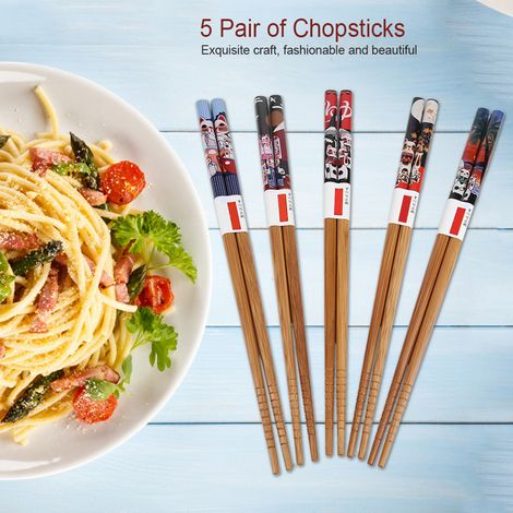 Lot de 5 paires de baguettes en bois lavables et résistantes, idéales cuisine, restaurant, cadeau mariage (Motif Chat) (1/5)