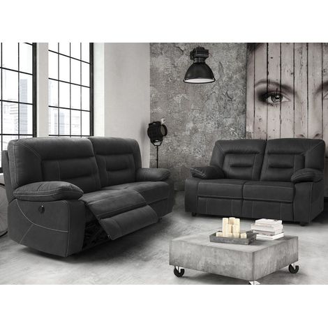Les Tendances – Canapé relax électrique 3 places et fixe 2 places – Mécanisme relax électrique et manuel – Revêtement nubuck gris foncé – Dimensions 204x88x99cm et 164x88x99cm