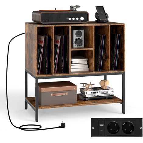 Table d'Appoint avec Rangement pour Vinyles, Support pour Tourne-Disque avec Station de Recharge, 80 x 45 x 79,5 cm, Marron (1/5)