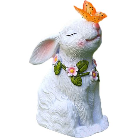 Lot de statues solaires de jardin lapins avec papillons, recharge solaire, résine synthétique peinte à la main, lumineuses blanches (1/5)