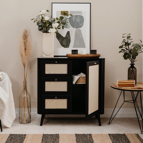 Commode 1 porte 3 tiroirs avec imprimé cannage PVC noir et pieds en bois massif - CO7097 (1/5)