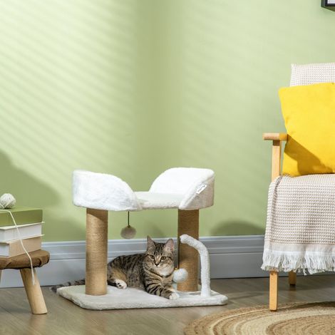 Tiragraffi per gatti di piccola taglia, altezza 42 cm, con nido, palline pendenti e pali in sisal, 48x38x42 cm, bianco.