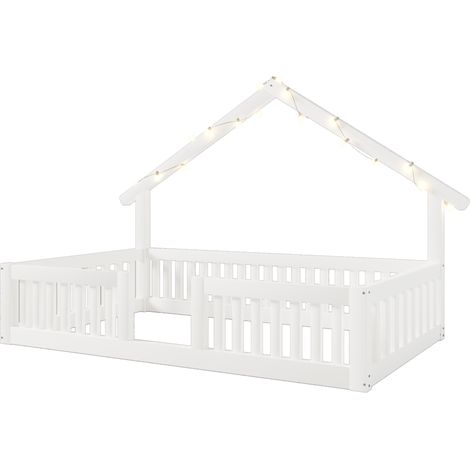 Cama casita infantil 90 x 200 cm de madera blanca con barrera de seguridad y guirnalda LED (1/5)