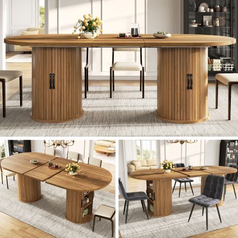 Tavolo da pranzo allungabile, tavolo da cucina versatile con maniglie in metallo, salvaspazio per ambienti piccoli, tavolo multifunzionale, vano portaoggetti nascosto, marrone scuro, 149,8-189,7 cm (1/5)