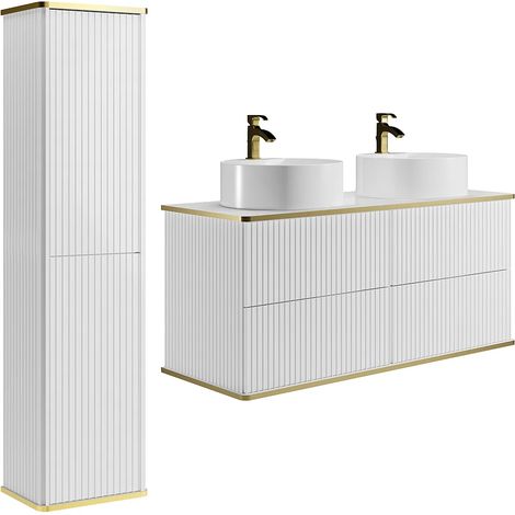 Meuble de salle de bain suspendu strié avec double vasque à poser ronde et colonne - Blanc - 120 cm - KELIZA (1/5)