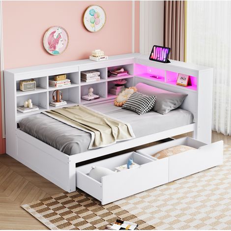 Bett-Schlafsofa 90x200 cm aus Massivholz in Weiß, mit Regalfach am Kopfteil, Schubladen, USB und LED (1/5)