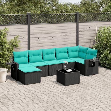 Salon de jardin 8 pièces en résine tressée PE noir avec coussins bleus - PANGIVO (1/5)