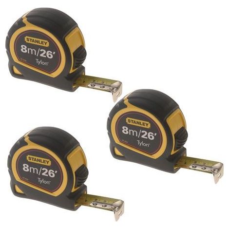 Stanley 3 Pack 8m Tape Measure Bi-Material Tylon Blade 26ft STA030656 0-30-656