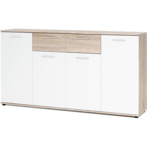 JACKY Buffet bas classique blanc et décor chene mat - L 160 cm (1/8)