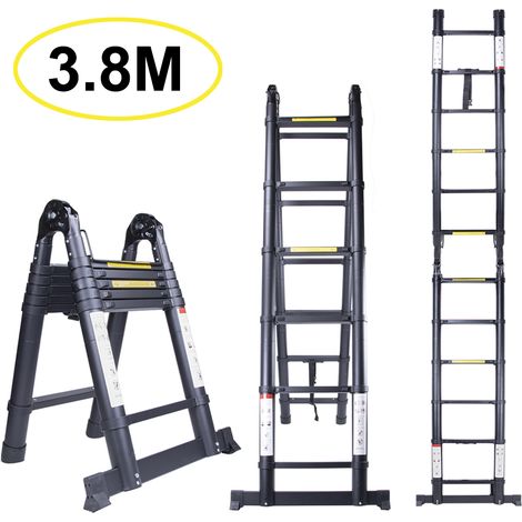 Scala Telescopica Pieghevole 3,8m, Multiuso Allungabile Scaletta in Alluminio EN131 Carico Massimo 150 kg Nero