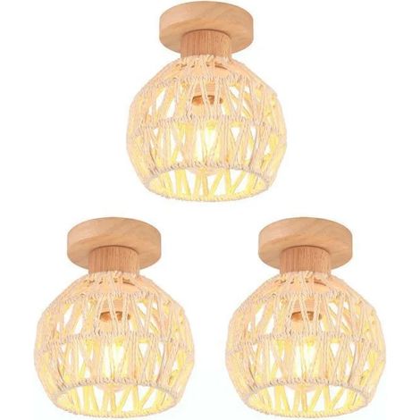 3pcs Plafonnier Industriel Lampe de Plafond en Rotin Blanc E27 Luminaire Lustre Vintage Abat-jour Cage pour Salon Chambre (1/5)